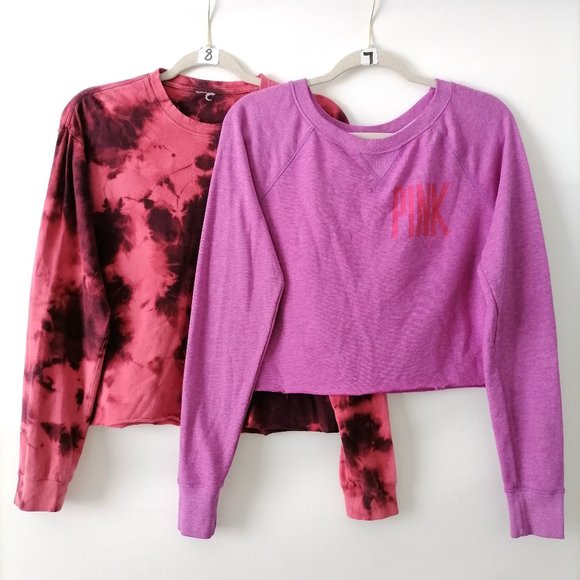 Pink Victoria's Secret Purple & Red Crew Neck Tie Dye Sweatshirt Sz SP Set Of 2 - Picture 1 of 11